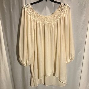 Holiday time! Winter white crochet trim blouse